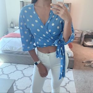 Forever 21 Blue + White Polk-a-dot Tie Crop Top